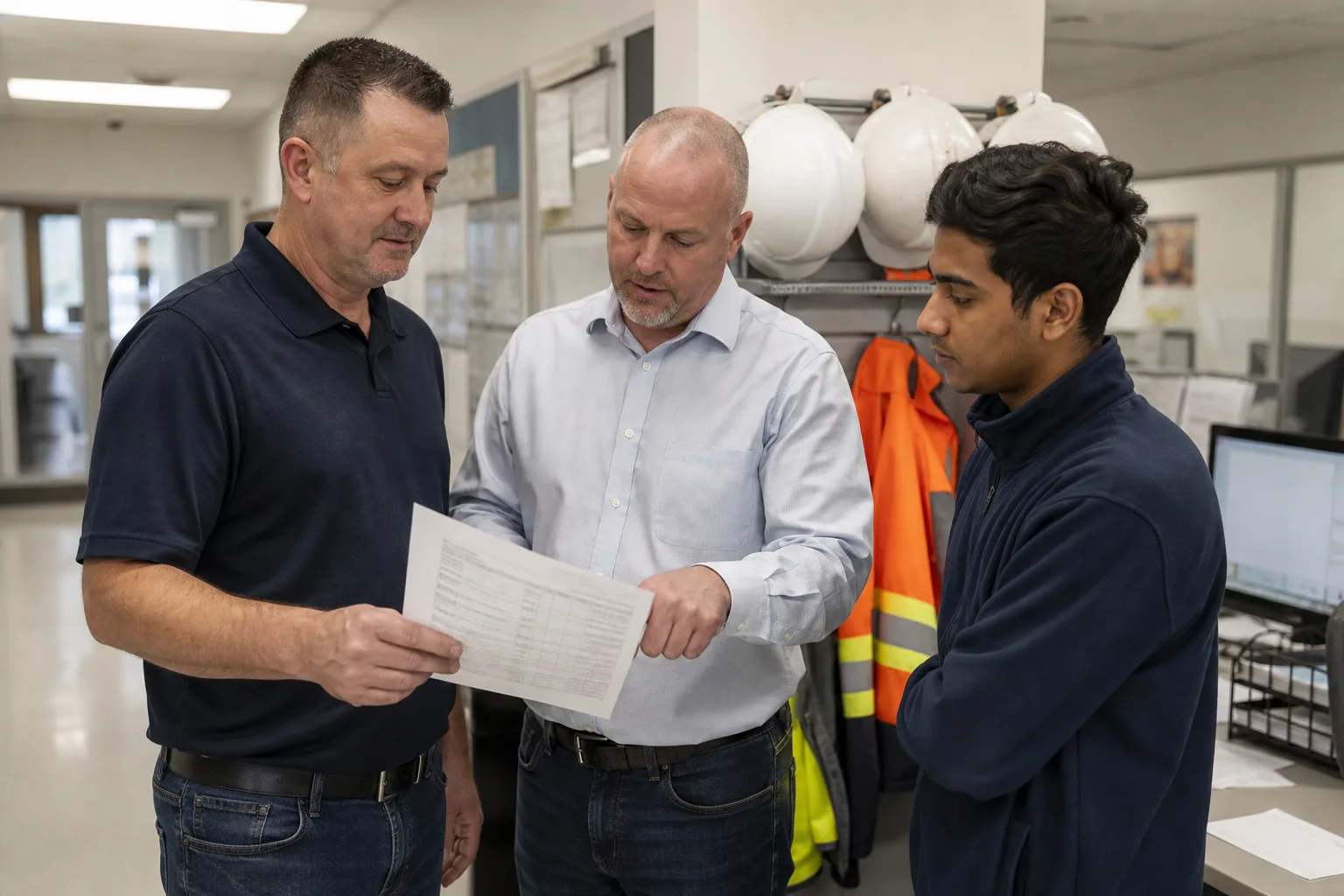 Dispatcher (a white man in his forties) standing with the Business Manager over a printed call history (outcomes, no names).