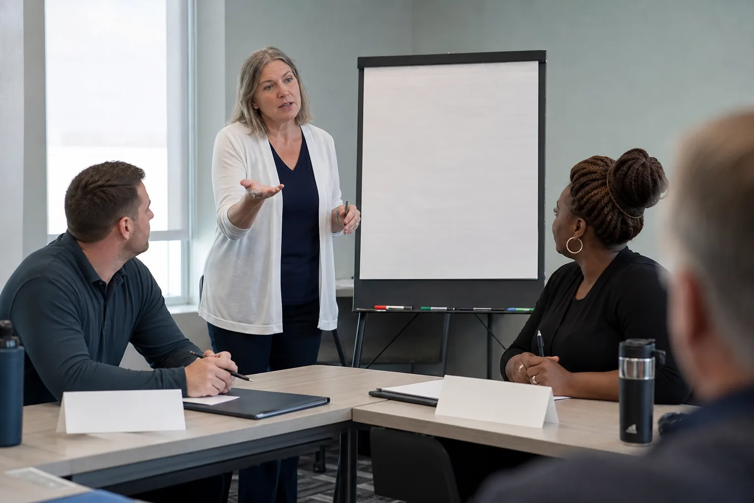 A white Canadian or American woman in her fifties, facilitating at a flip chart (no crest).