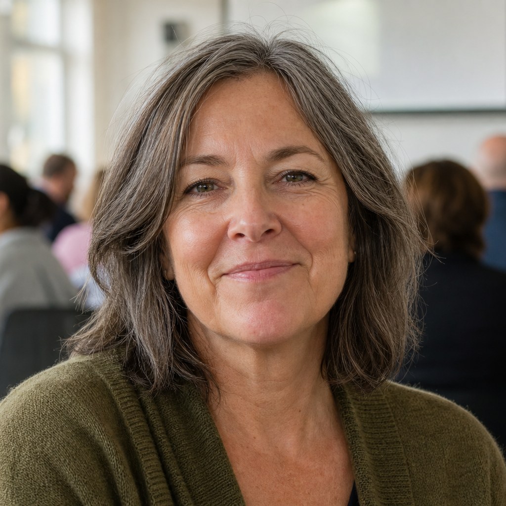 A white Canadian or American woman in her fifties, facilitating at a flip chart (no crest).
