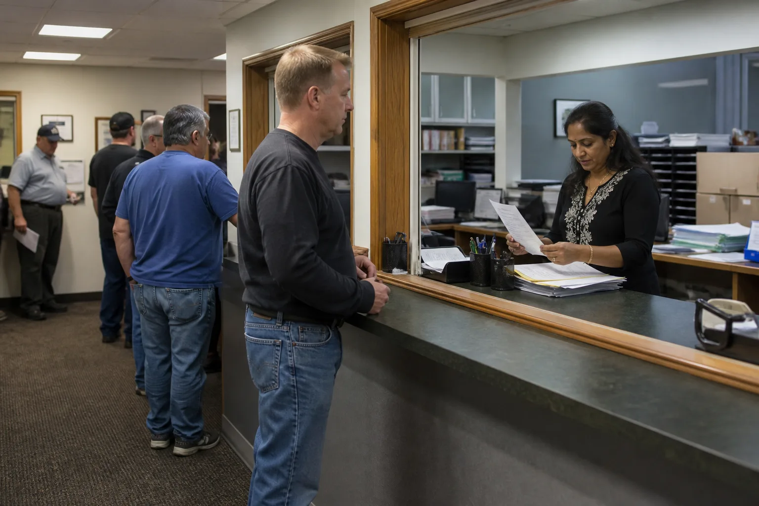 Shared office: the administrator (a white man in his thirties) and a Latina bookkeeper review a remittance list on one screen.