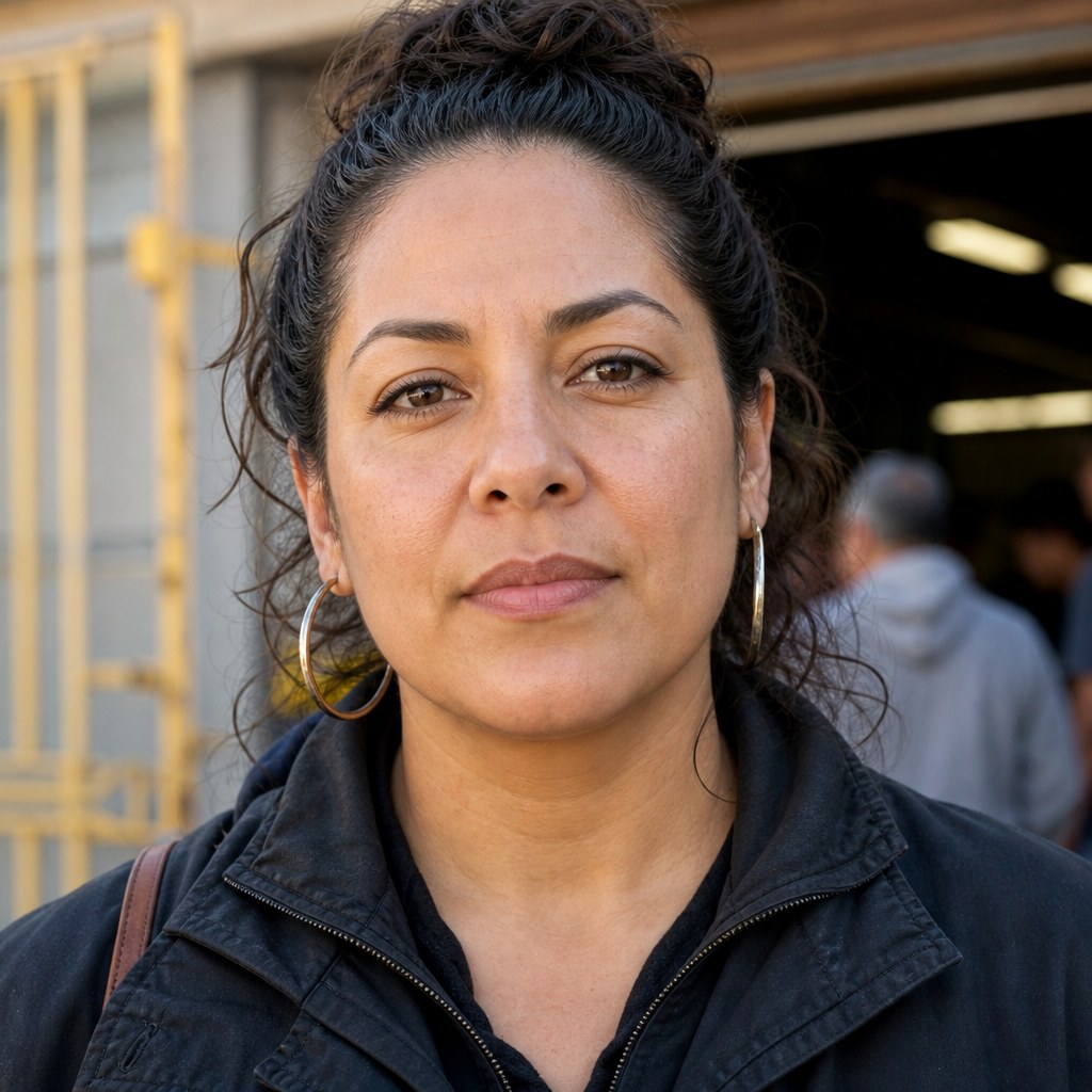 A white Canadian or American woman in her thirties, jacket, standing on a bright sidewalk or worksite approach with a notebook — talking to a Black man in work clothes.