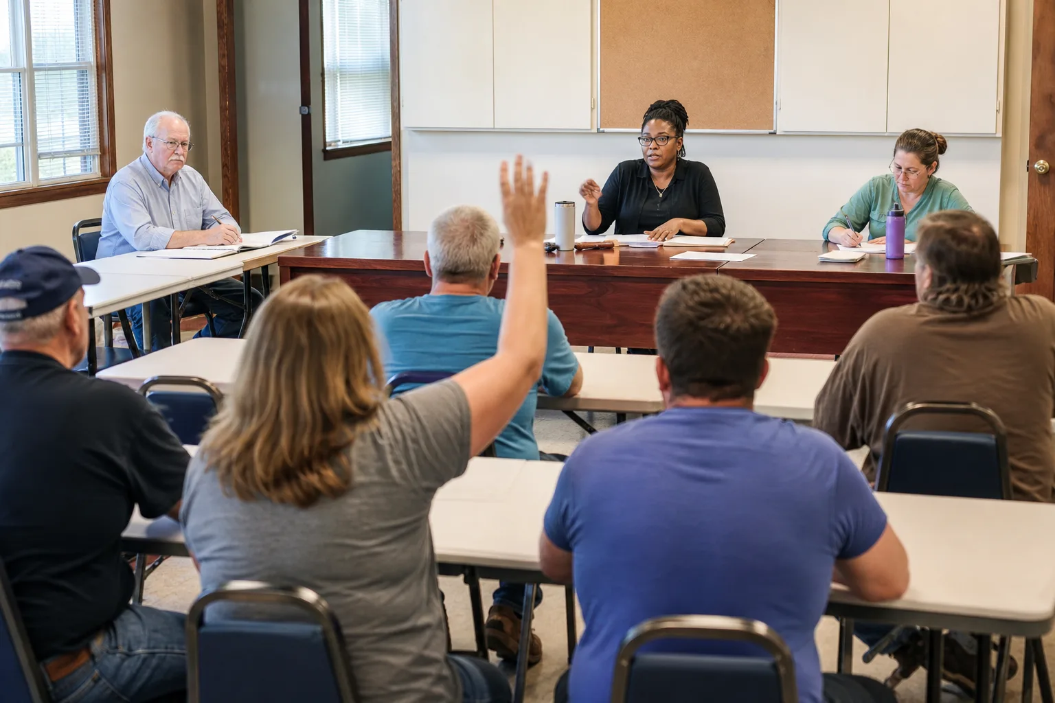 A white Canadian or American man in his sixties, glasses, plain shirt, seated at the secretary’s table along the side of a meeting — not the head.