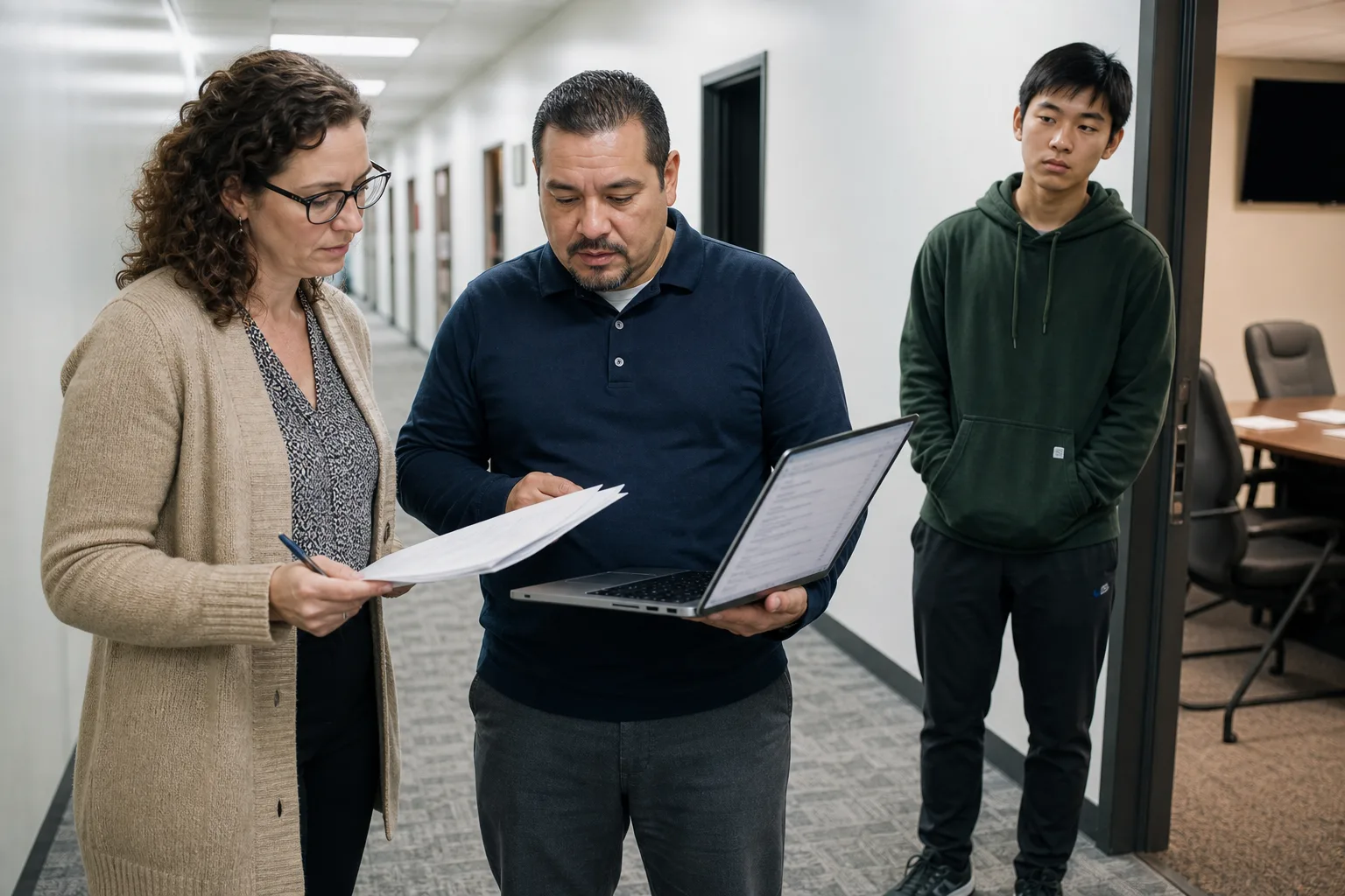 After the meeting: the same secretary standing with the President (a Latino man in a clean shirt) over a printed minute draft and a laptop showing an agreements library list.