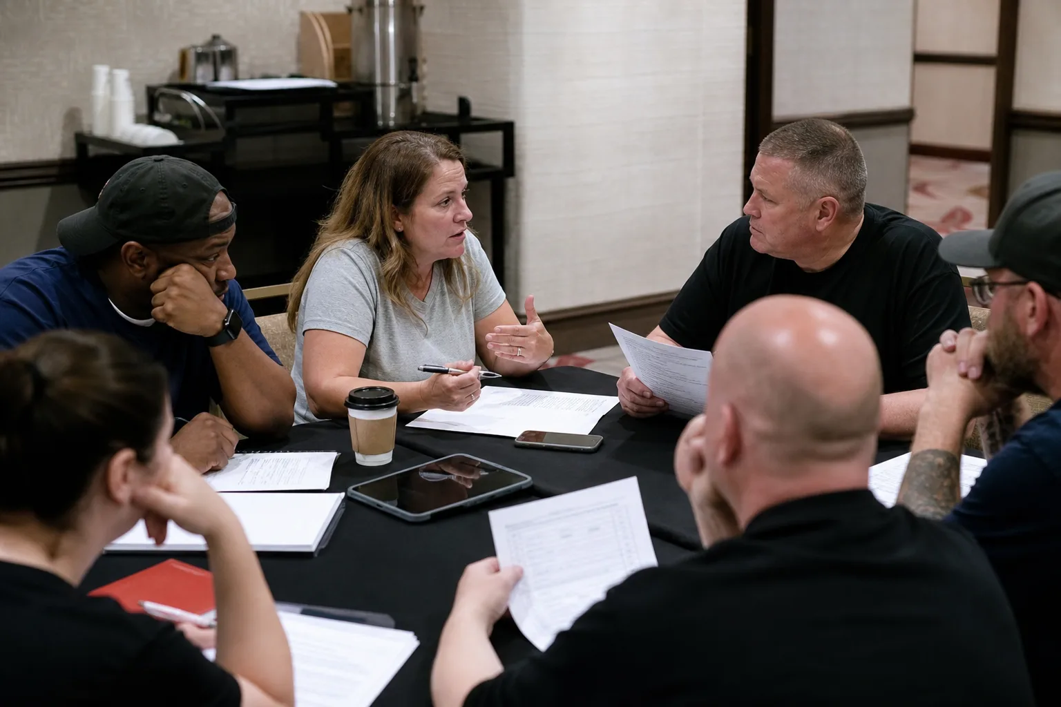 Arbitration prep in a bright meeting room.