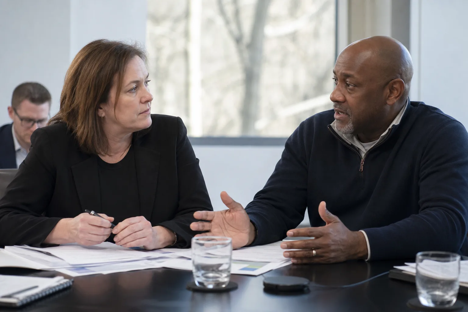 A Black Canadian or American man in his late forties, jacket, no tie required, seated at a plain bargaining table with a proposal printout.