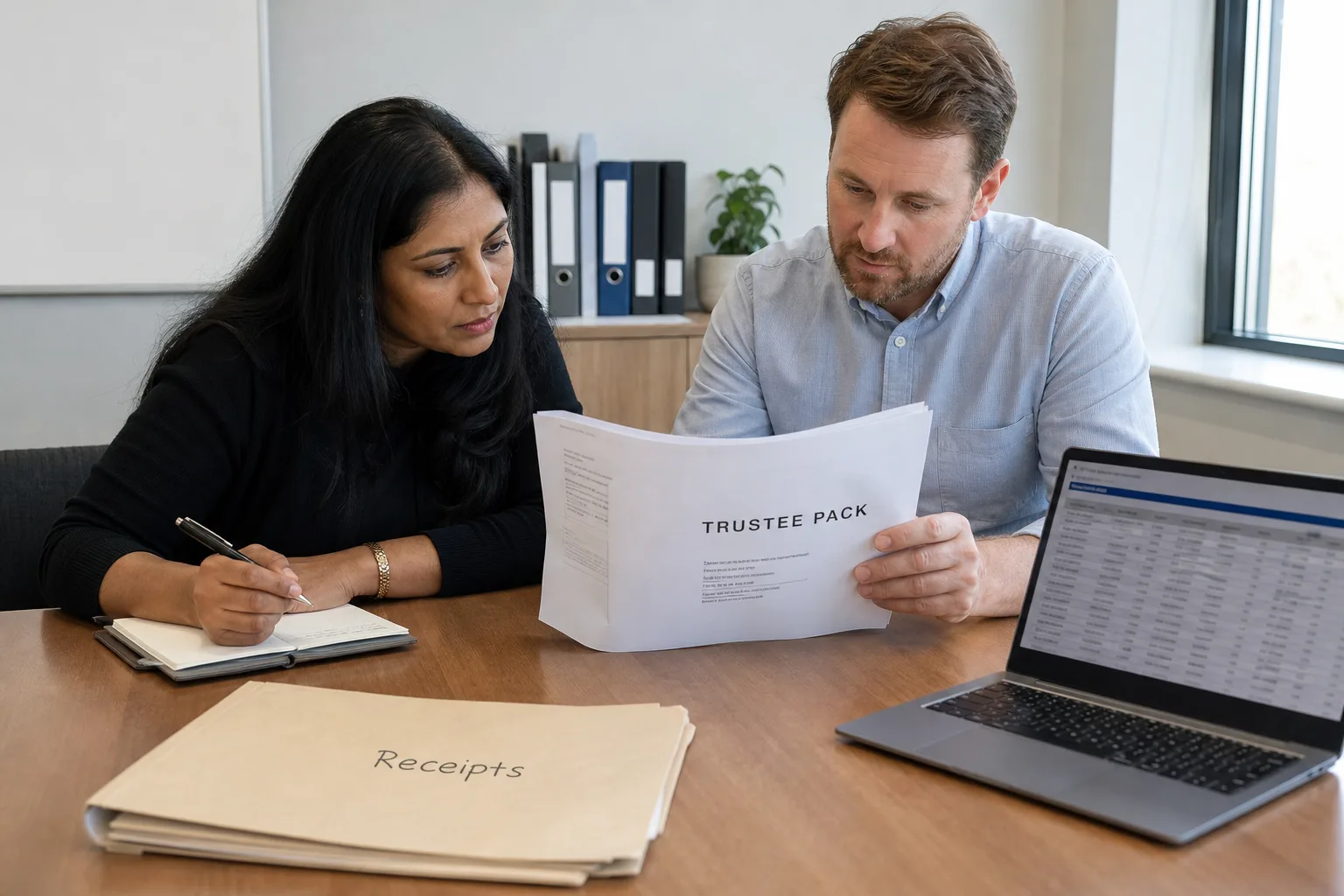 Two Trustees reviewing a pack with the Secretary-Treasurer: a South Asian woman trustee with a notebook, a white man trustee in a button-down.