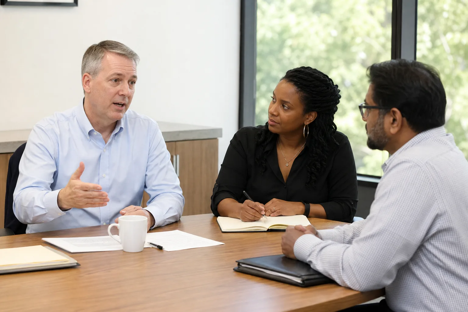 A white Canadian or American man in his fifties, clean shirt, no tie required, seated at the head of a plain wood table in a union office.