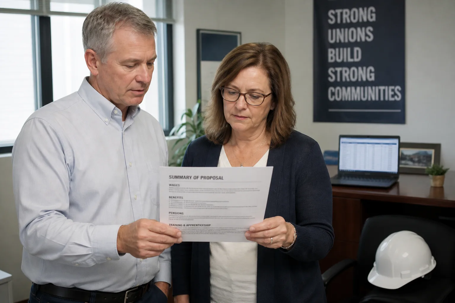 The same President standing, not seated, reviewing a printed board summary with the Secretary-Treasurer — a white woman in her fifties with glasses, cardigan, no jewellery logo — while a laptop in the background shows a report table (no readable member names, no fake UI).