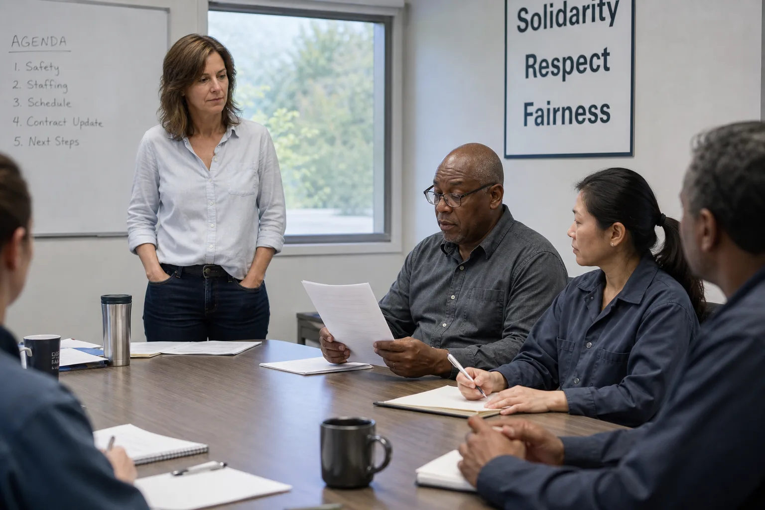 A white Canadian or American woman in her forties, open-collar shirt, standing beside a plain table — not at the head — briefing two people.