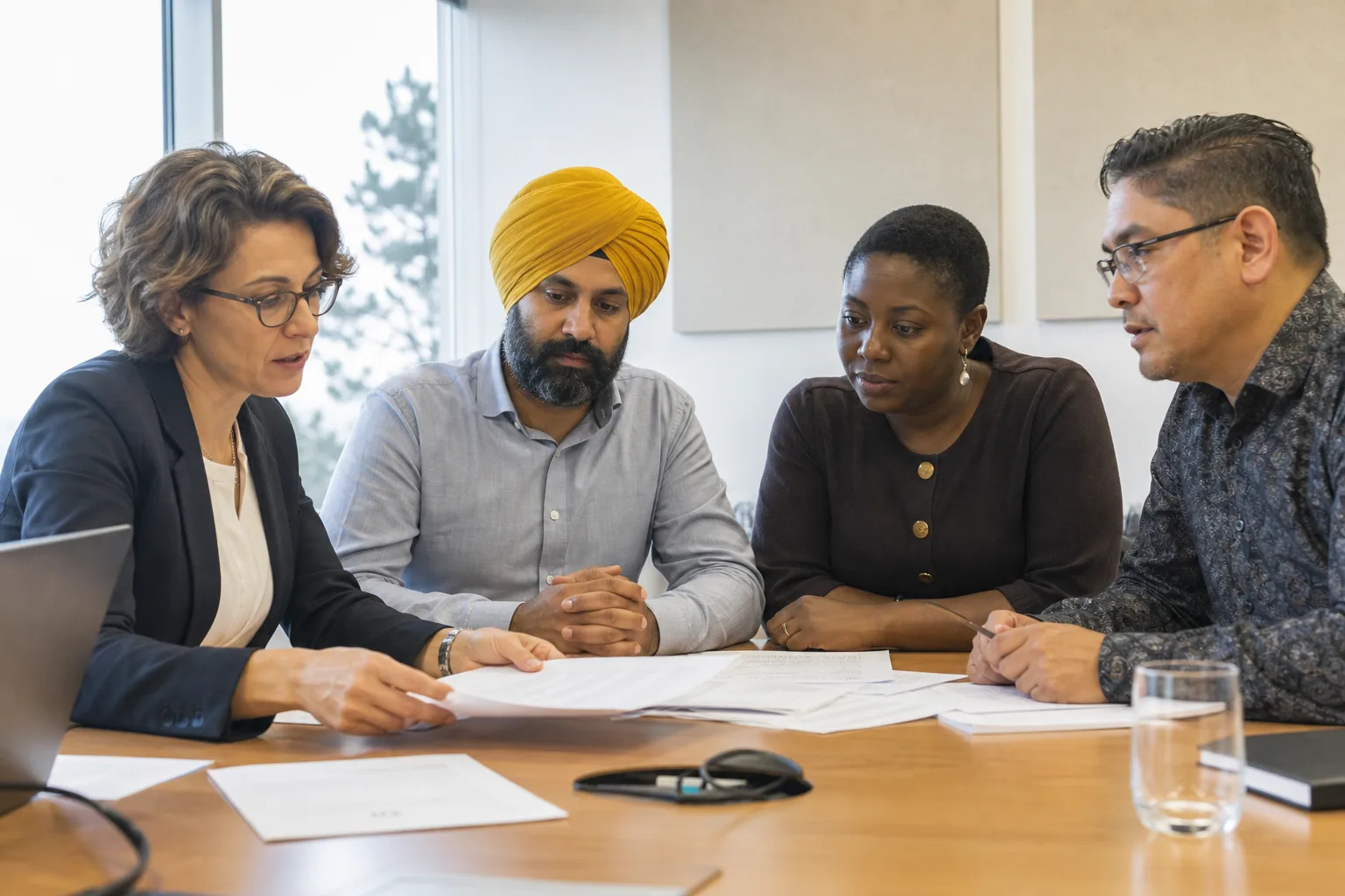 A white Canadian or American woman in her forties at a bargaining table, agreement open, proposal register on a laptop (no readable names).