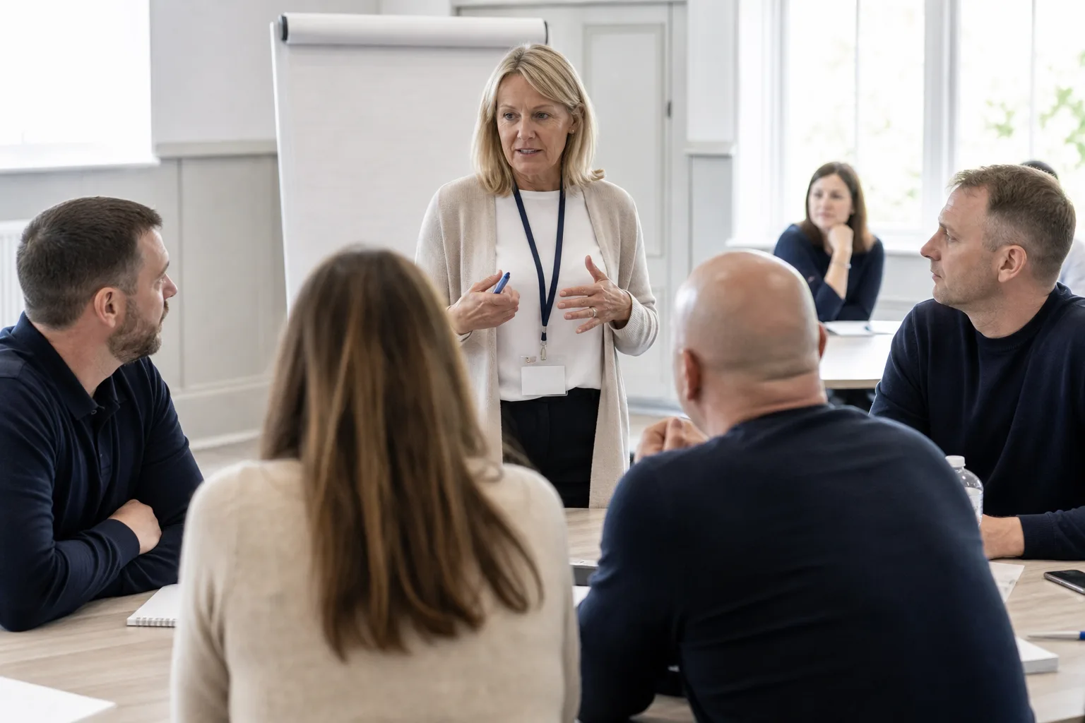 A white Canadian or American man in his fifties facilitating steward training at a flip chart (no crest).