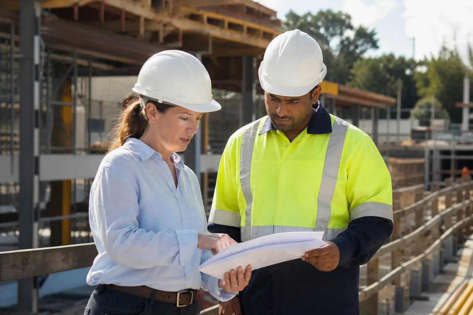 A white Canadian or American woman in her forties wearing a high-vis vest and safety glasses (no contractor logo), pointing out a condition to a Black man H&S rep with a notebook.