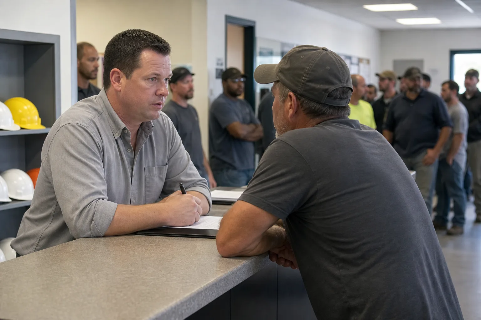 Morning rail: a white Canadian or American woman in a hardhat (no sticker) at the counter; a Black dispatcher on a headset; a white man in his sixties with a referral slip.