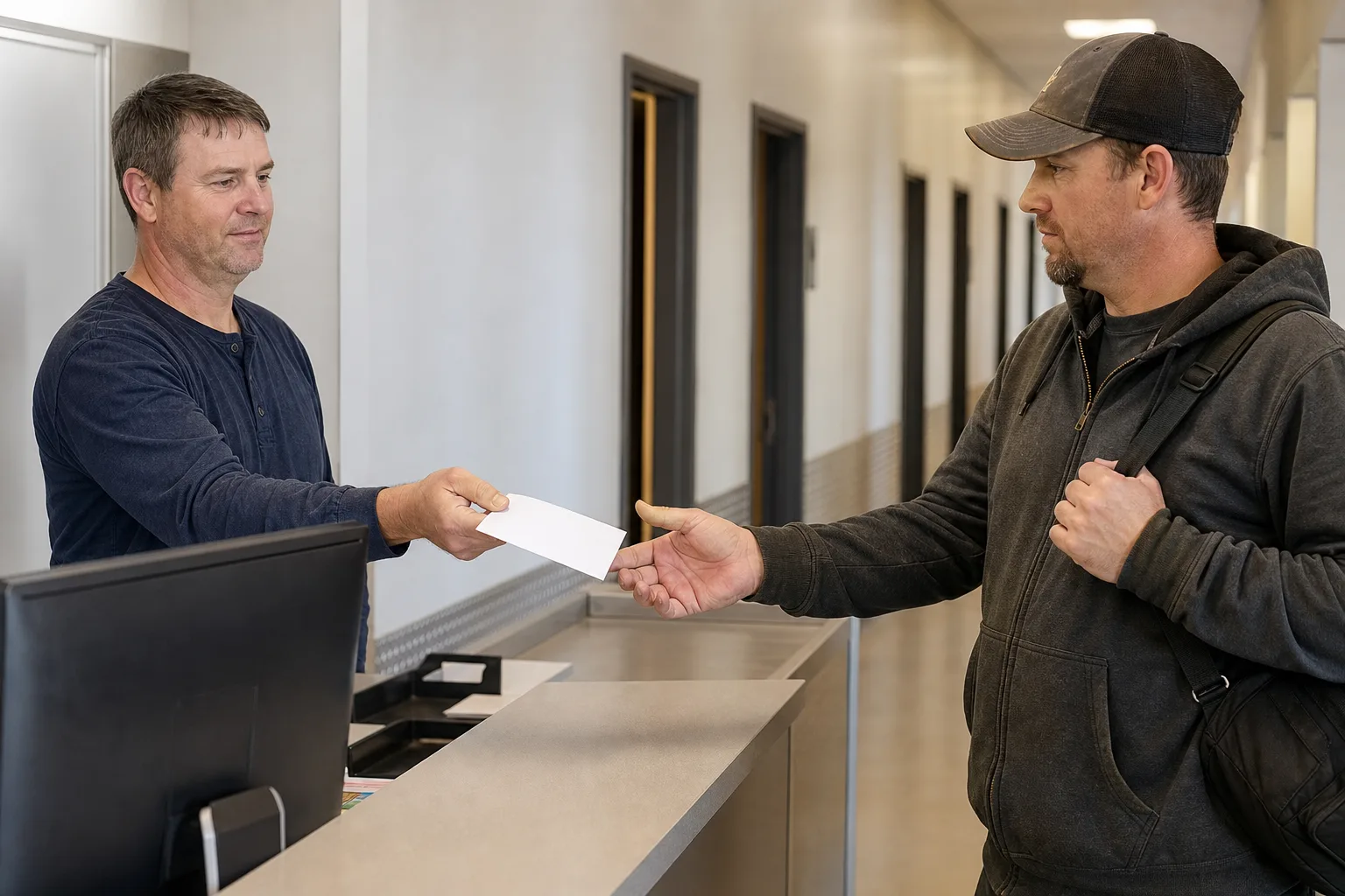 Business Manager (a white man) and Dispatcher (a Latina woman) review a printed call history.