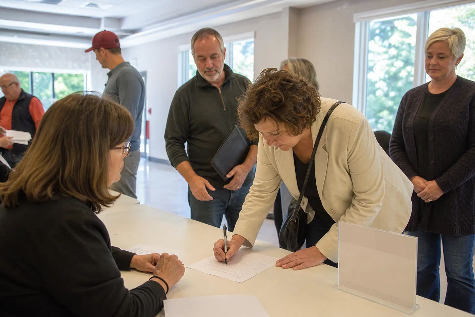 A white Canadian or American man in his thirties talking with two coworkers in a bright lunchroom — one a Black woman, one a white woman in work clothes.