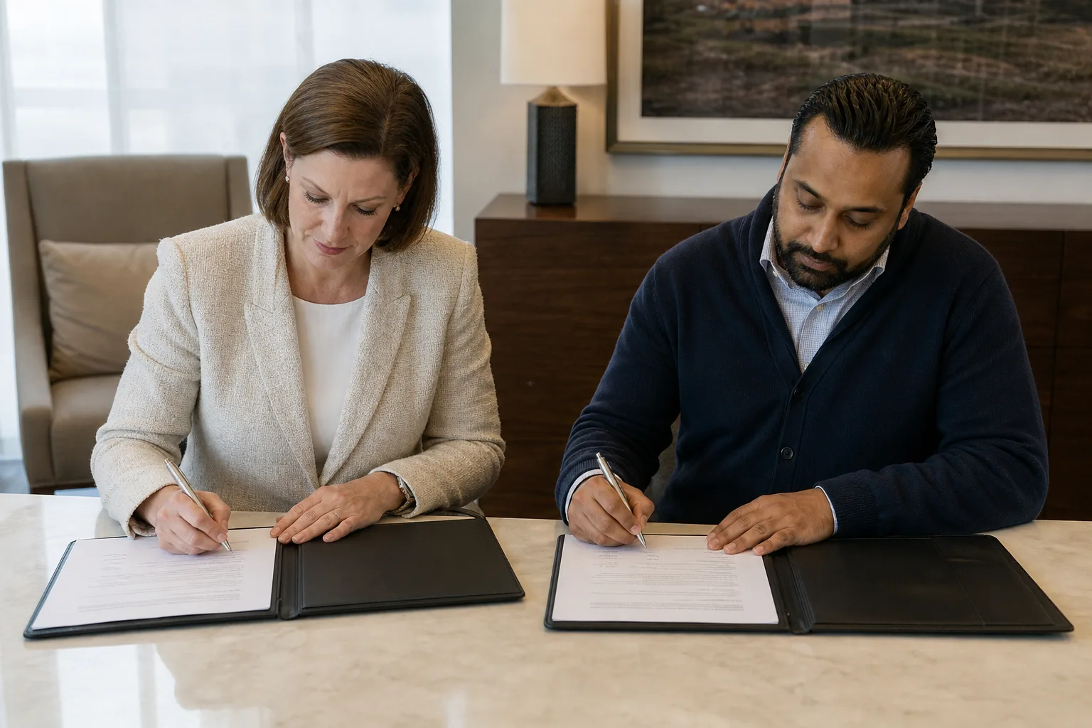 A Black Canadian or American woman Staff Rep in her forties at a plain table with two local officers — a white man President and a white woman Chief Steward.