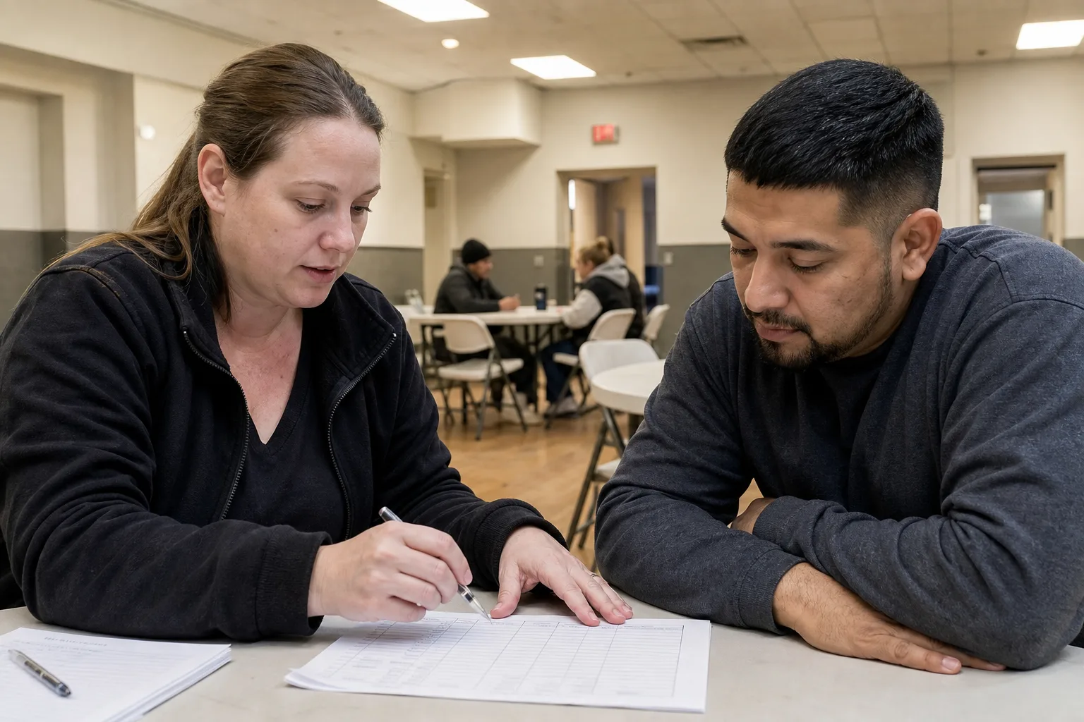 Command table: a Latino coordinator and a white woman finance officer review hours on a laptop (check-in view, no names).