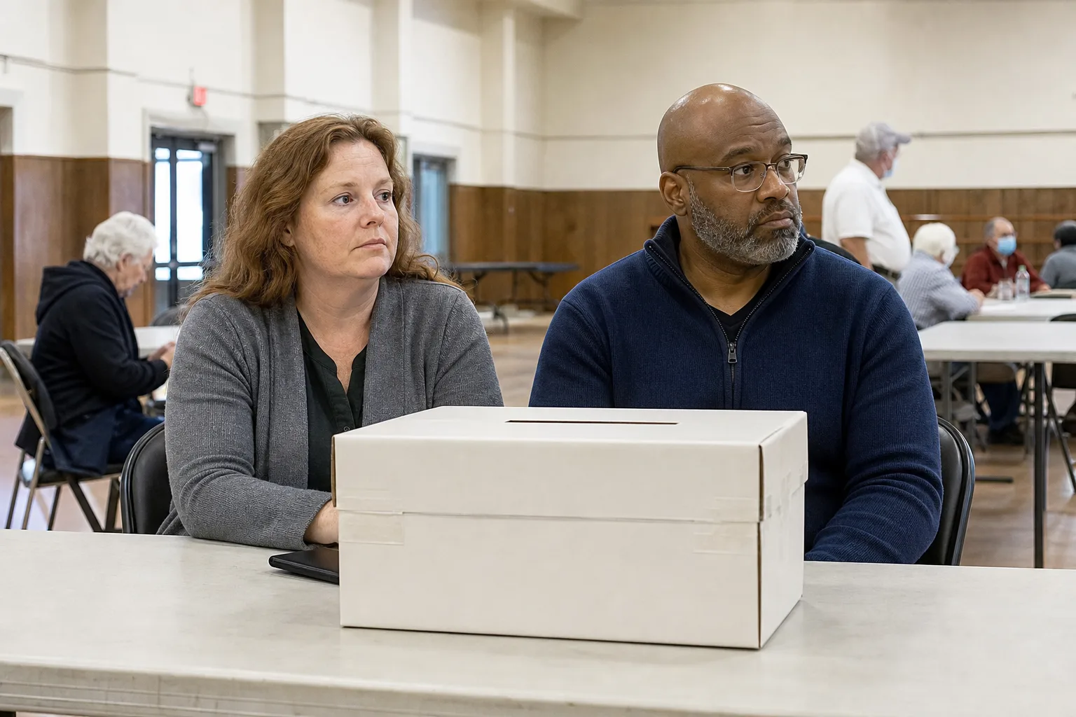 A white Canadian or American woman in her fifties (elections committee) at a table with a printed notice (no crest).