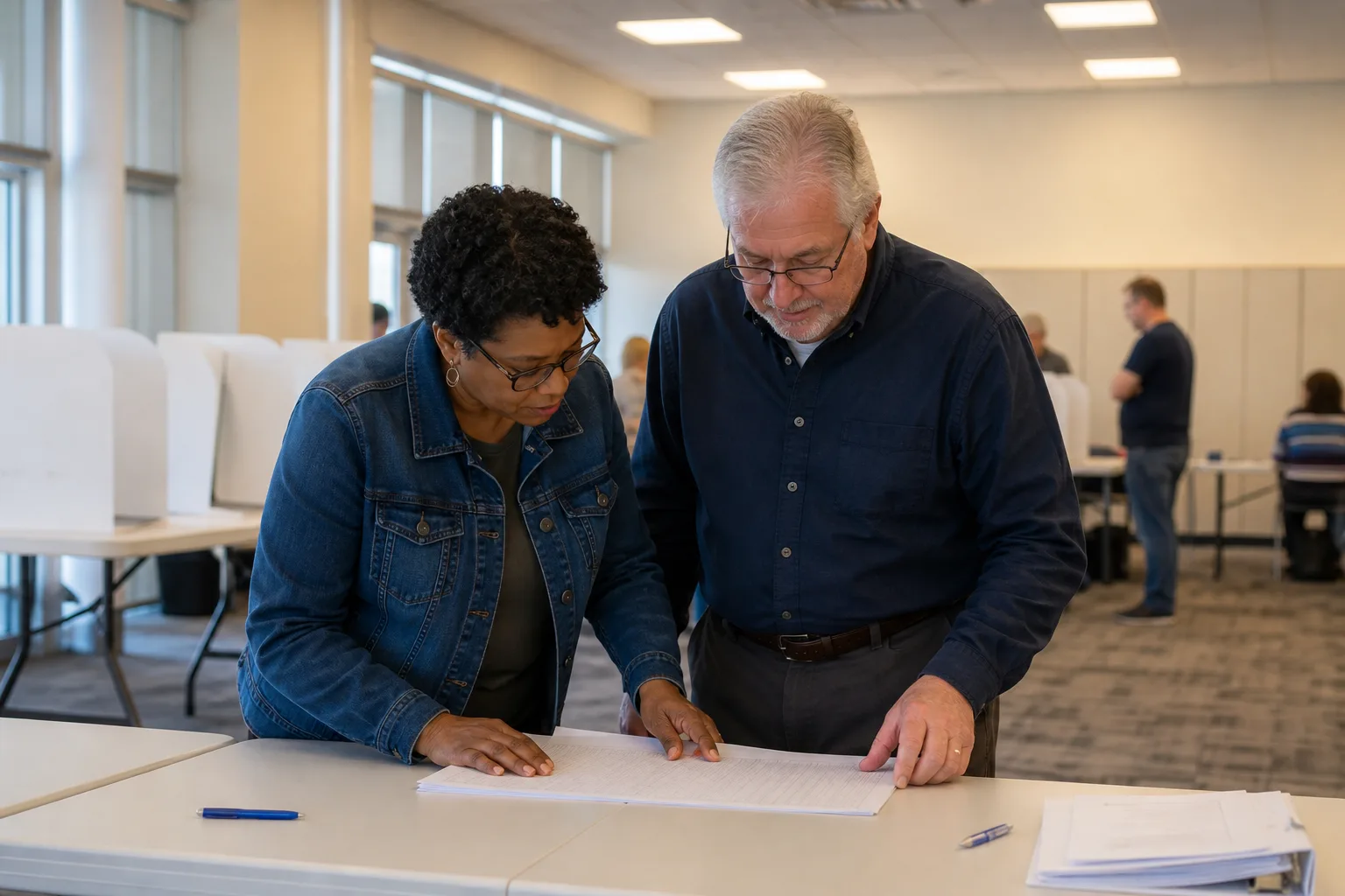 Close of poll: a white man CRO and a Latina officer review a certification printout (totals only).